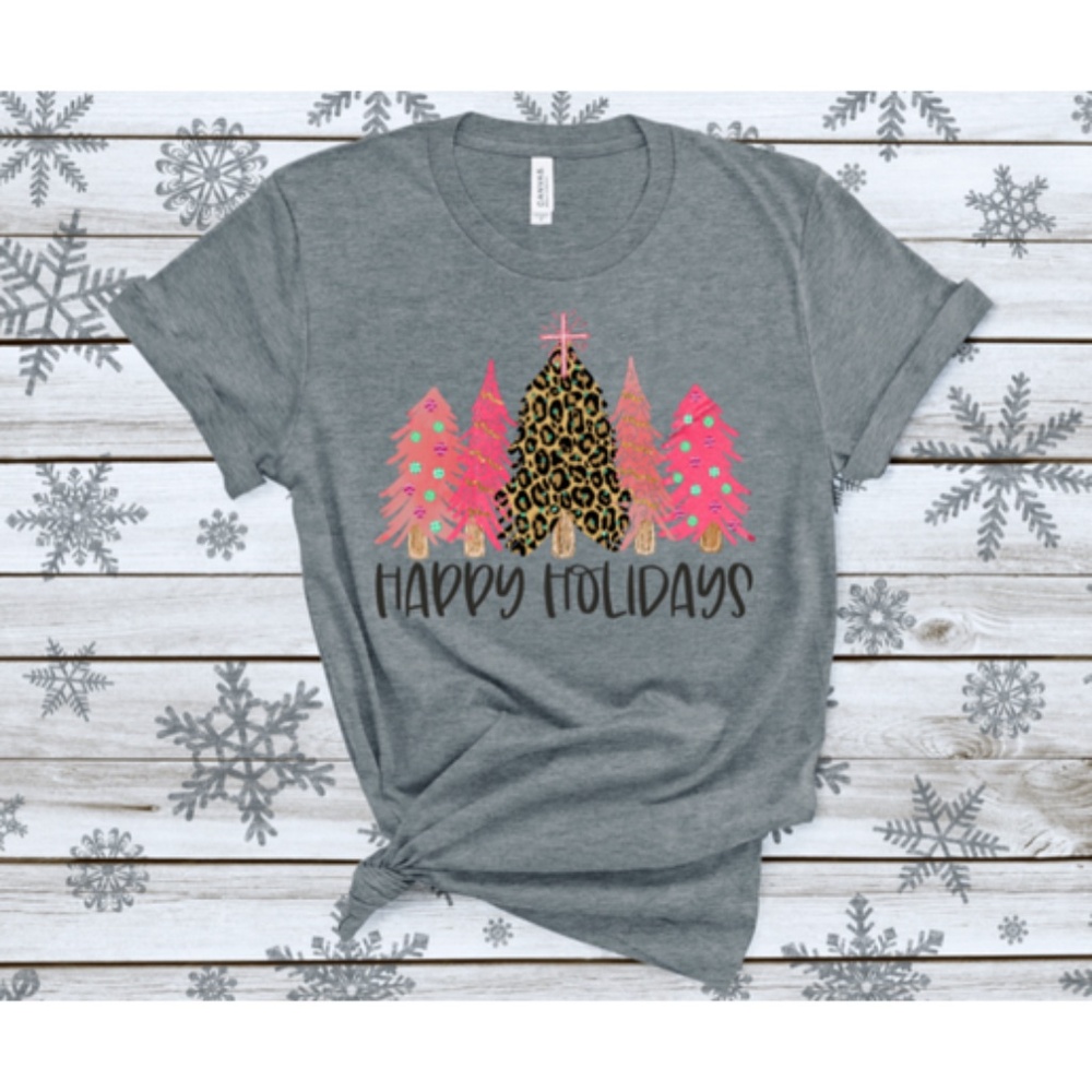 Happy Holidays Pink & Leopard Trees Graphic Tee - NEW WITH TAGS